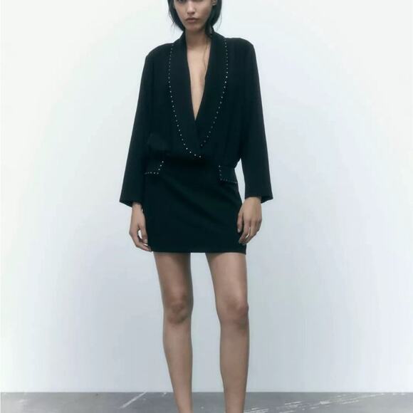 Zara Black Rhinestone Short blazer dress with V-neck lapel collar long sleeves - Picture 10 of 10